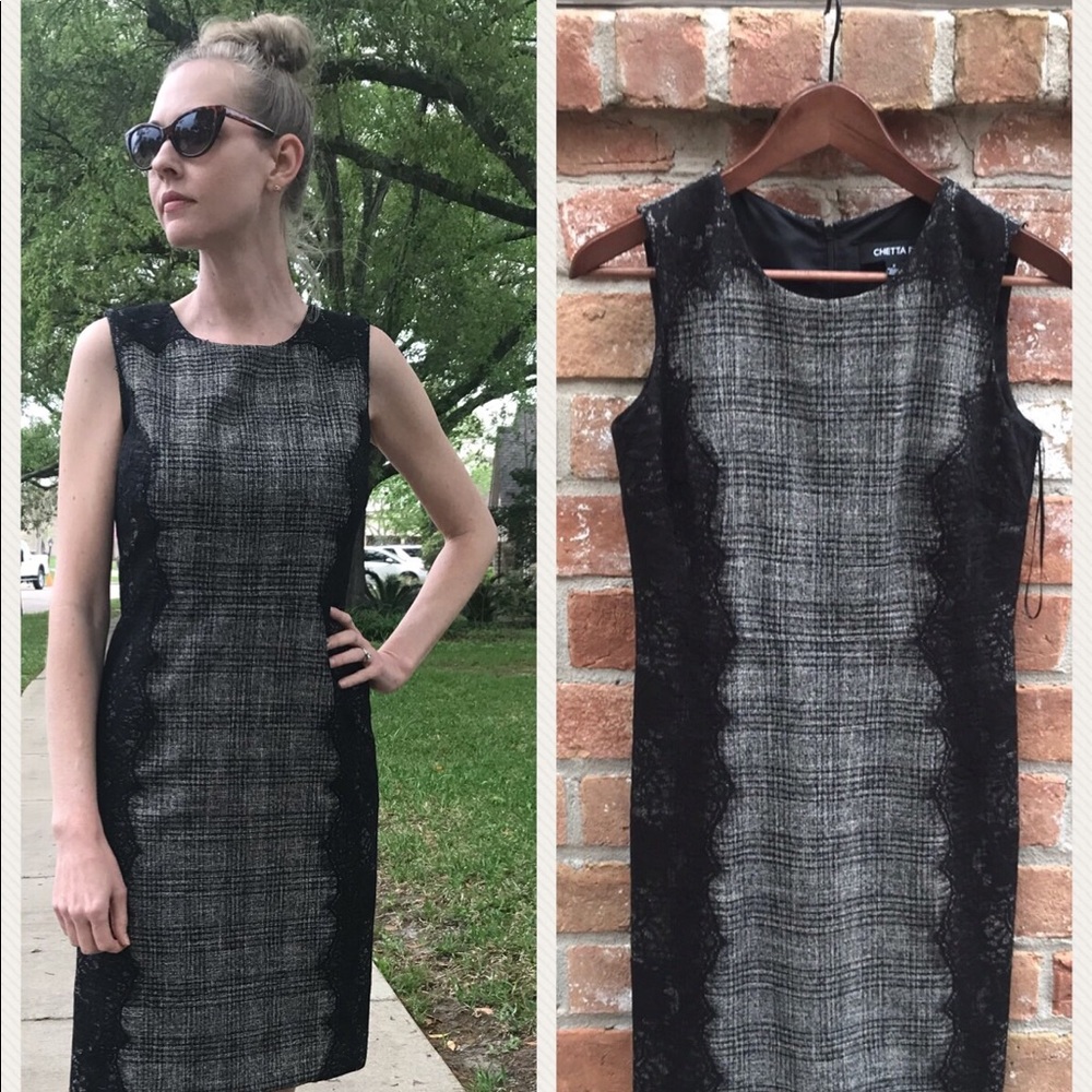 Beautiful Black/Gray Plaid Lace Trim Sheath Dress